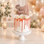 Personalized rose gold mirrored acrylic cake topper with custom Sweet 16 wording