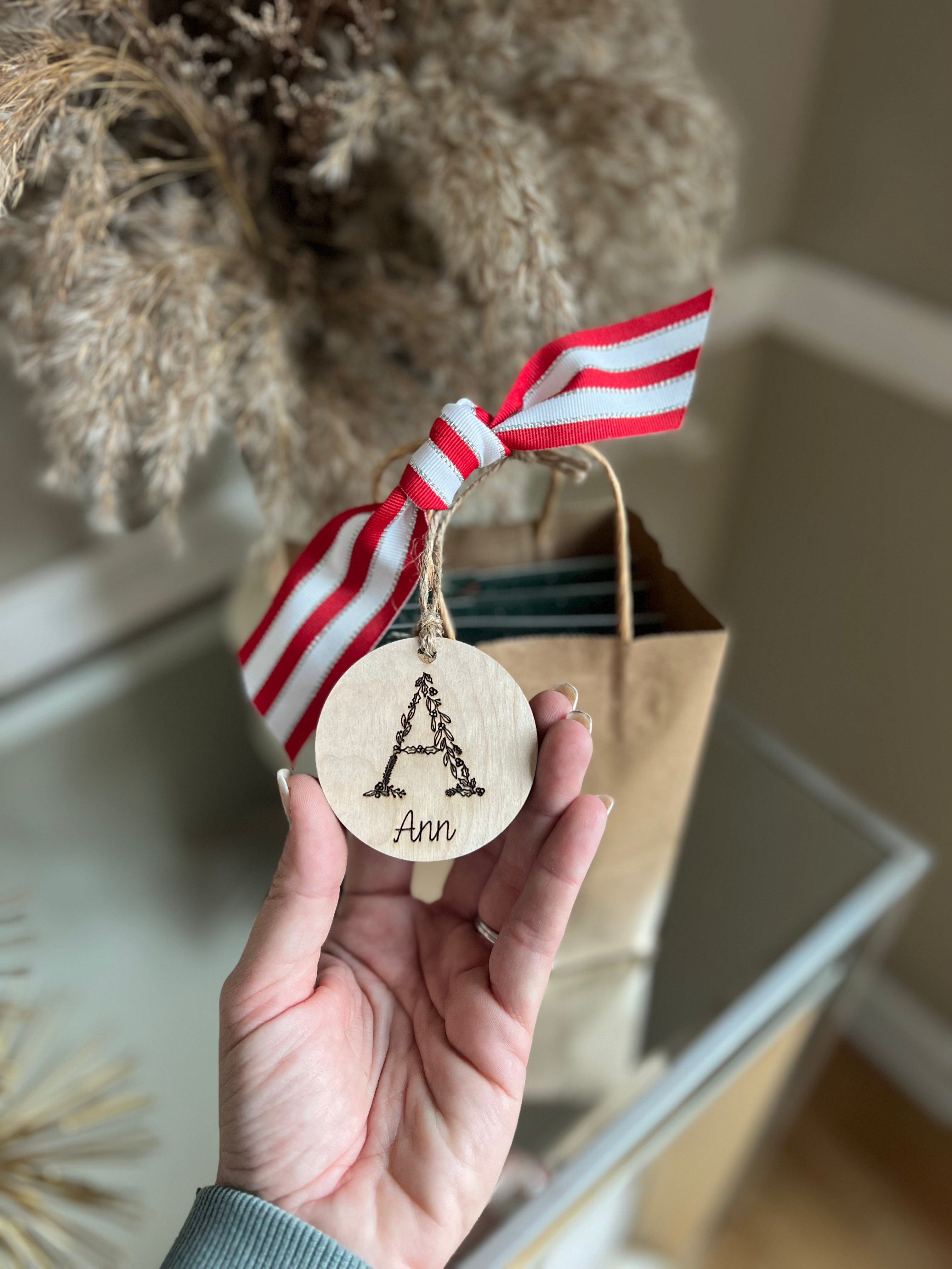 Set of 10 mini ornament name tags for gifts, place settings, custom initial and name wood ornament