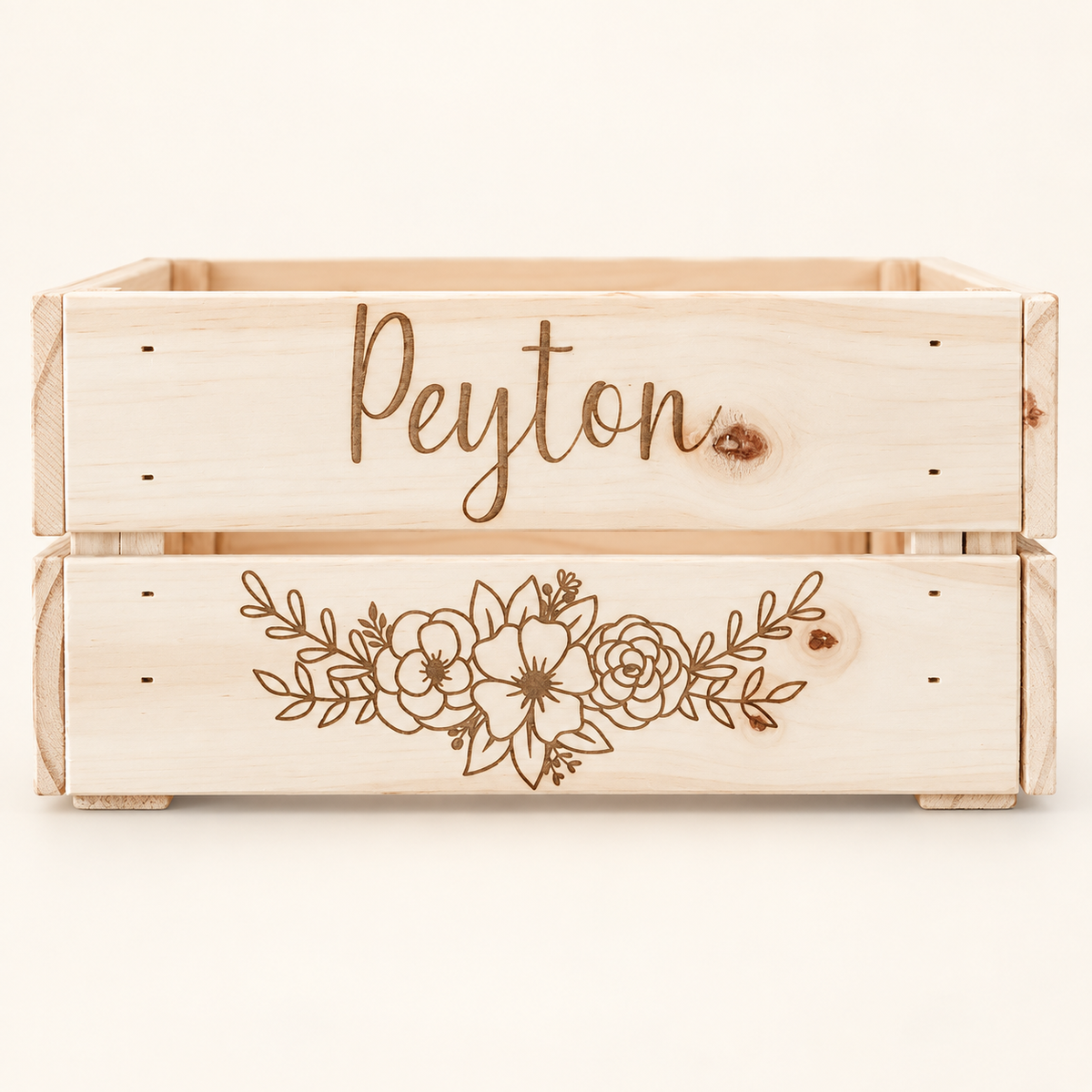 Personalized wooden flower crate engraved with the name Peyton