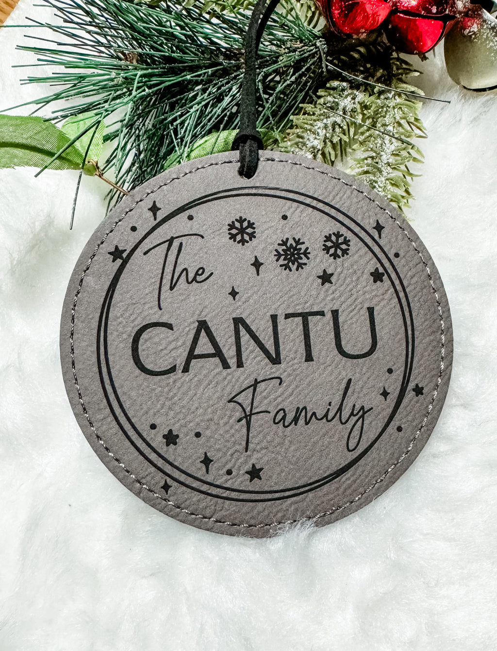Personalized Family Name leatherette engraved ornaments