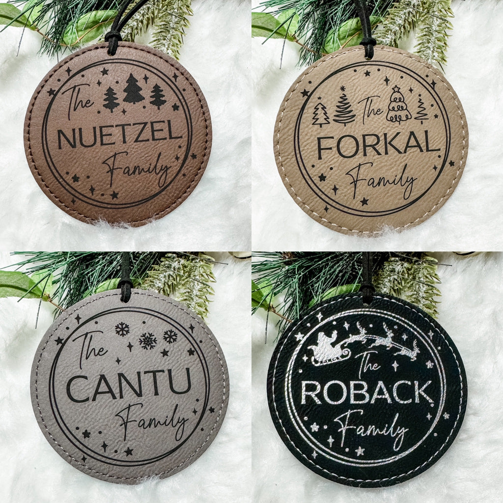 Personalized Family Name leatherette engraved ornaments