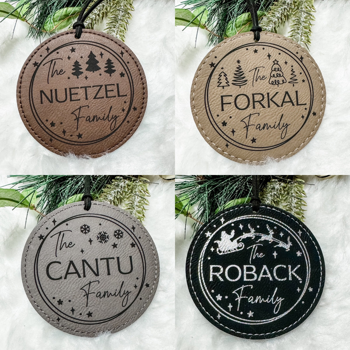Personalized Family Name leatherette engraved ornaments