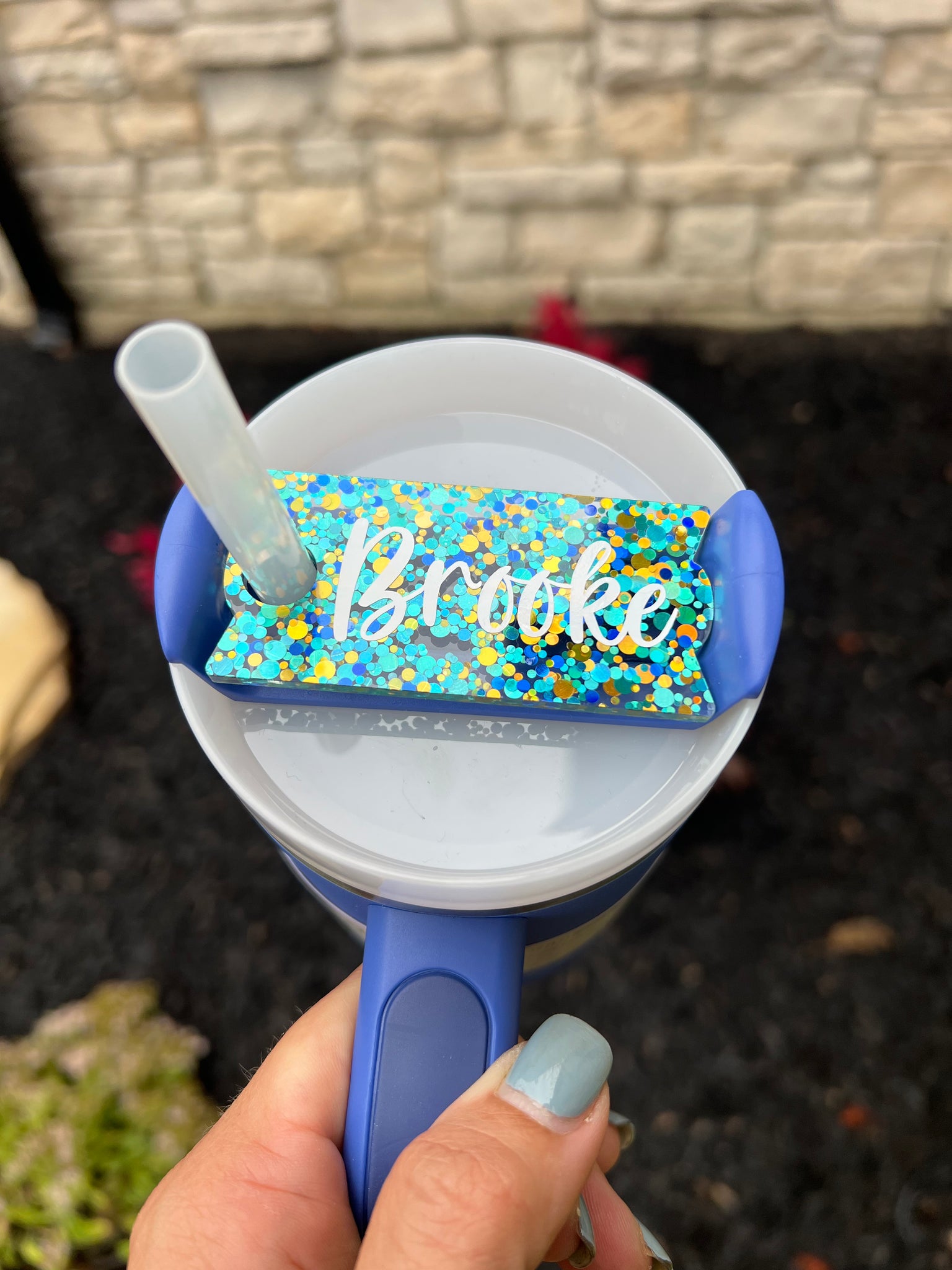 Ocean Blue Party Dots Glitter Name Plates for Stanley Cups Choose 30oz or 40oz.