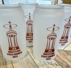 School Logo glass beer can with bamboo lid and glass straw