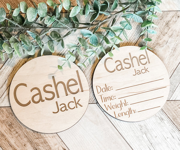 Baby Name Announcement Wood Engraved Round Set