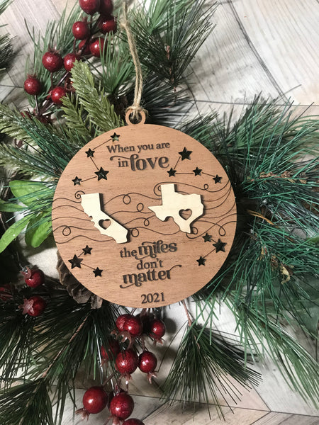Miles Apart Ornament Custom Engraved Personalized Ornament