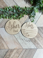 Personalized Baby Name Announcement Sign Set | Engraved Wood Birth Announcement Round | Custom Newborn Name & Stats Keepsake | Hospital Photo Prop