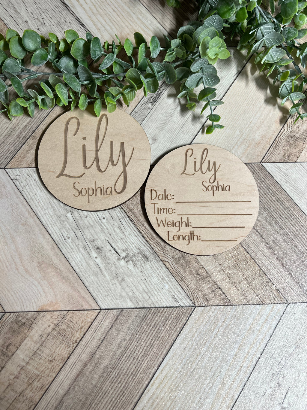Personalized Baby Name Announcement Sign Set | Engraved Wood Birth Announcement Round | Custom Newborn Name & Stats Keepsake | Hospital Photo Prop