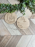 Personalized Baby Name Announcement Sign Set | Engraved Wood Birth Announcement Round | Custom Newborn Name & Stats Keepsake | Hospital Photo Prop
