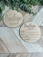Personalized Baby Name Announcement Sign Set | Engraved Wood Birth Announcement Round | Custom Newborn Name & Stats Keepsake | Hospital Photo Prop