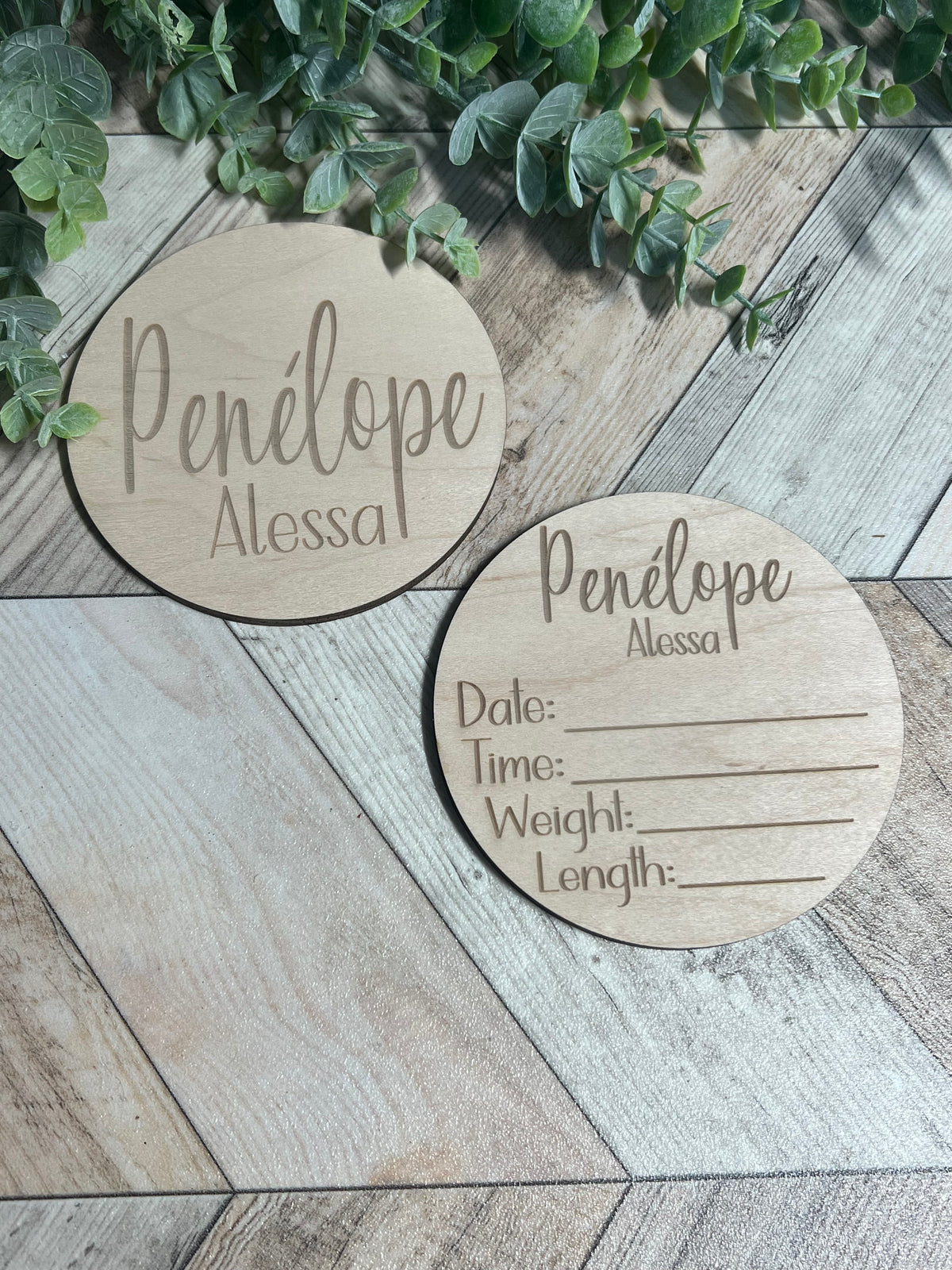 Personalized Baby Name Announcement Sign Set | Engraved Wood Birth Announcement Round | Custom Newborn Name & Stats Keepsake | Hospital Photo Prop