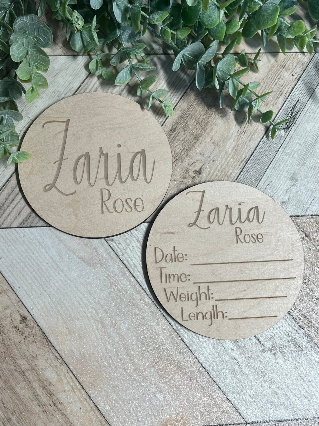 Personalized Baby Name Announcement Sign Set | Engraved Wood Birth Announcement Round | Custom Newborn Name & Stats Keepsake | Hospital Photo Prop
