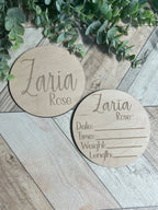 Personalized Baby Name Announcement Sign Set | Engraved Wood Birth Announcement Round | Custom Newborn Name & Stats Keepsake | Hospital Photo Prop