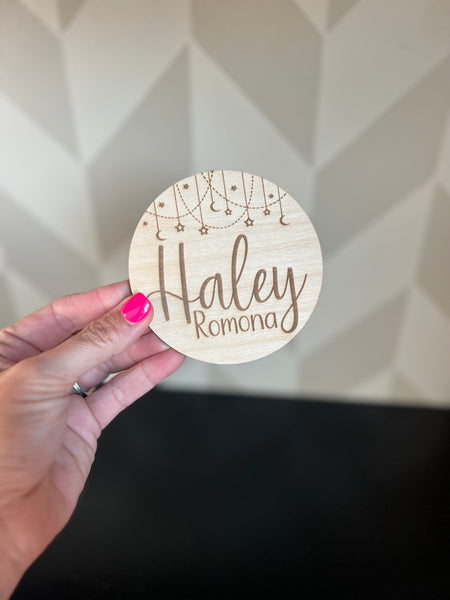 Baby Name Announcement Wood Engraved Round Set Hearts and Stars