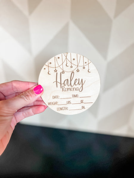 Baby Name Announcement Wood Engraved Round Set Hearts and Stars