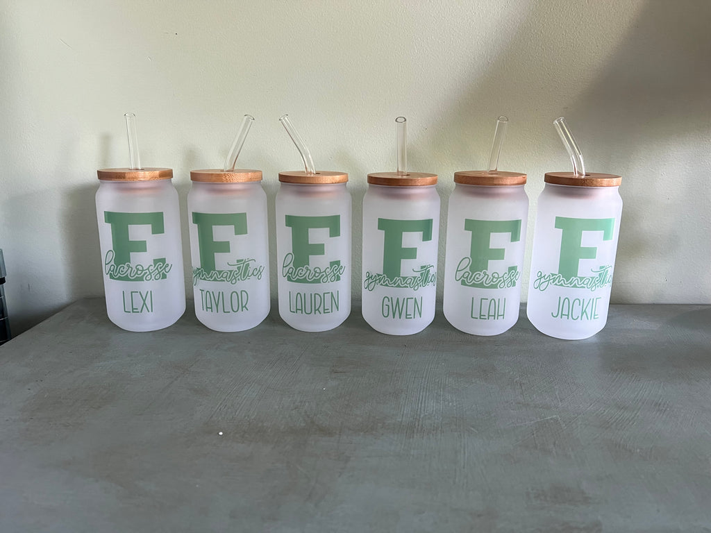 School Logo glass beer can with bamboo lid and glass straw