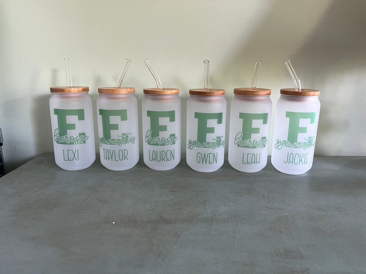 School Logo glass beer can with bamboo lid and glass straw