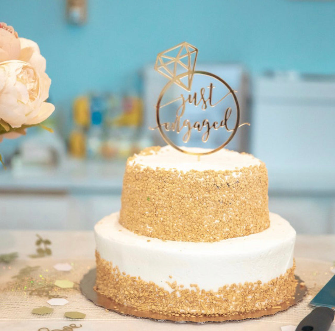 Just Engaged mirrored acrylic cake topper available in gold silver and rose gold