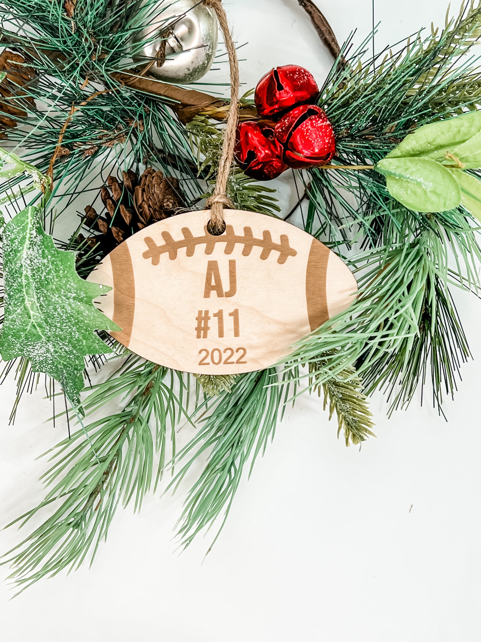 Football Personalized Name and Jersey Number Wood Christmas Ornament