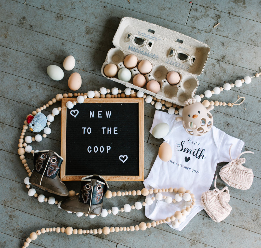 Personalized pregnancy announcement baby bodysuit with family name and due date