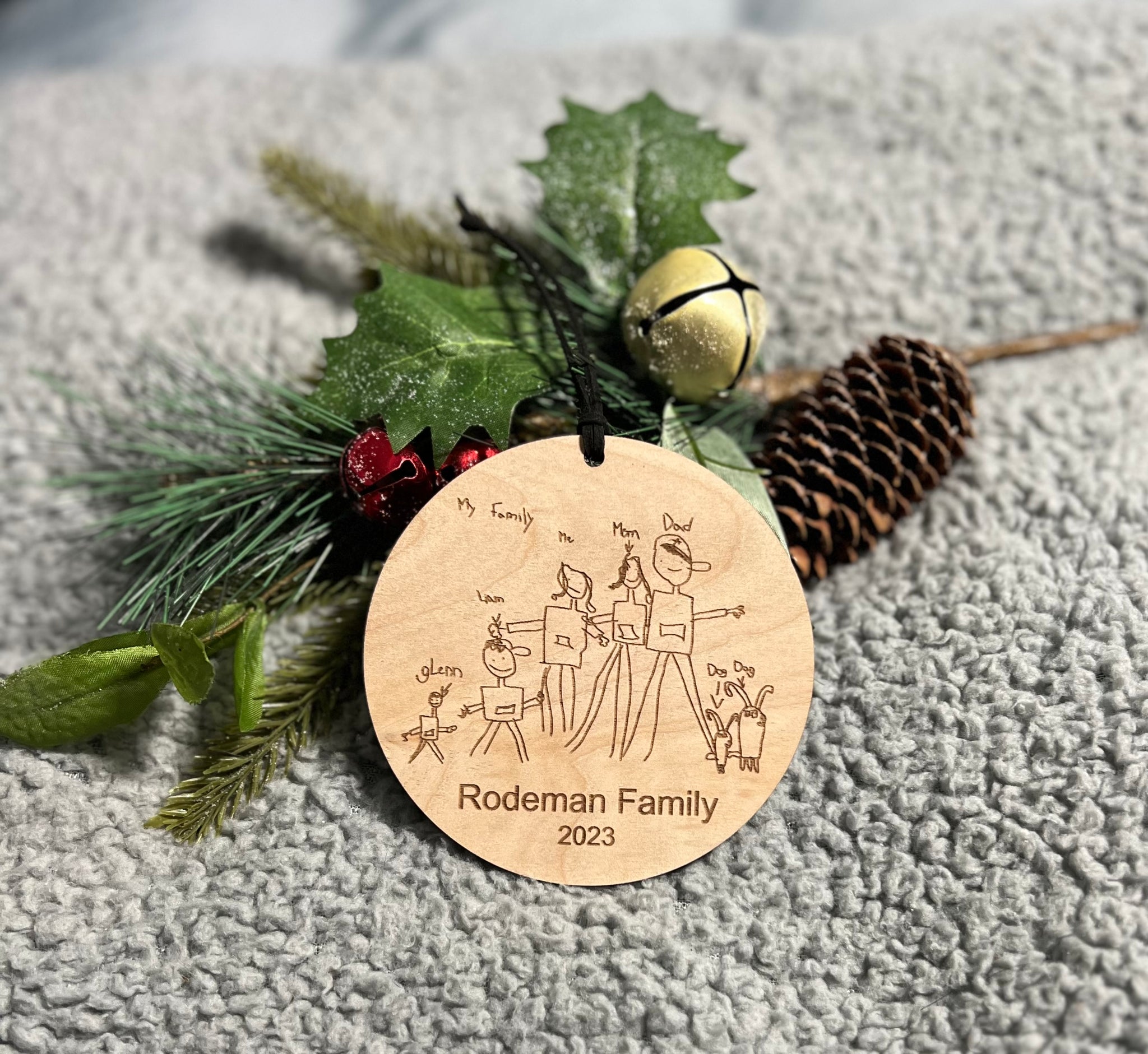 Hand Drawn Kid Personalized Family Christmas Circle Ornament
