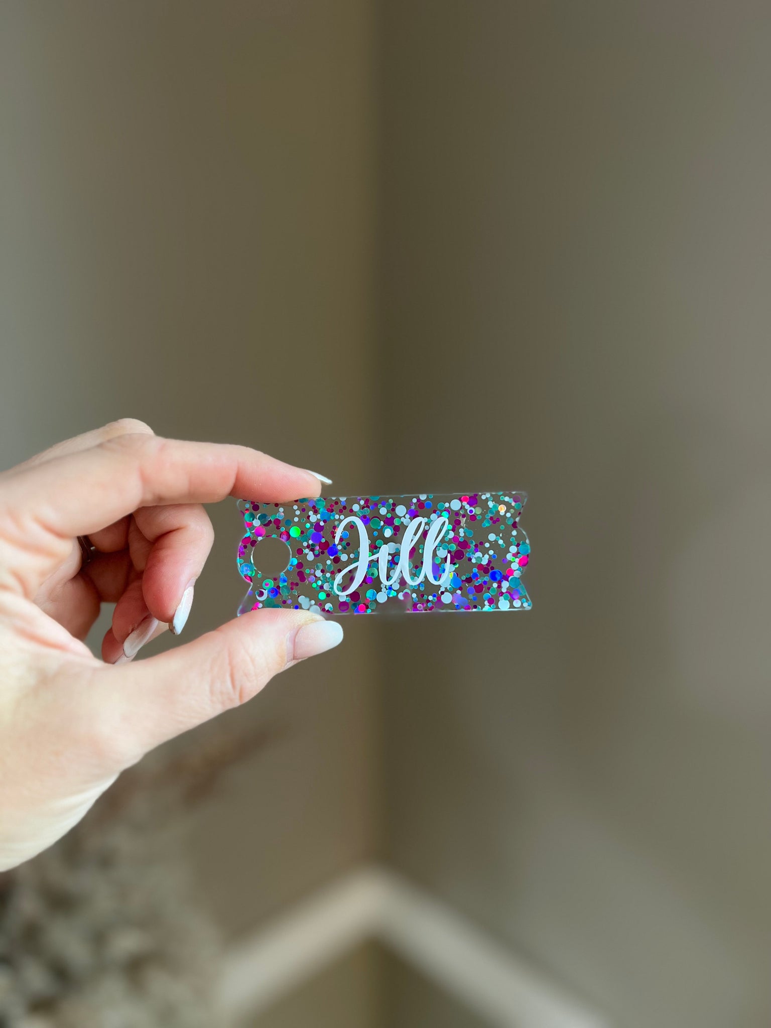 Hot Pink, Turquoise, Silver Glitter Dots Acrylic Stanley Name toper