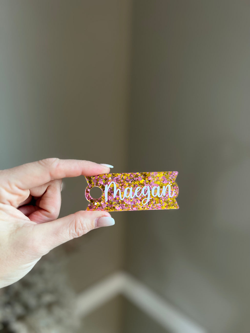 Light PInk and Gold Chunky Glitter Acrylic Stanley Name Topper