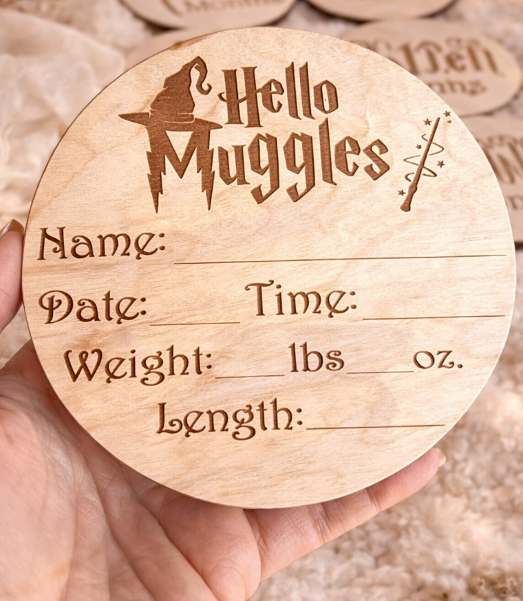 Fill-in wizard-themed wooden newborn birth announcement round