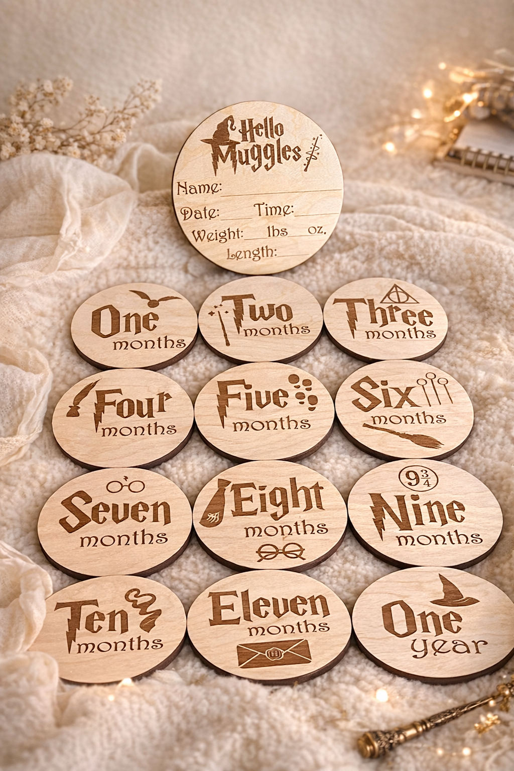 Wizard Baby Milestone Wood Rounds | Magical Monthly Baby Milestone Markers | Custom Baby’s First Year Photo Props | Baby Shower Gift