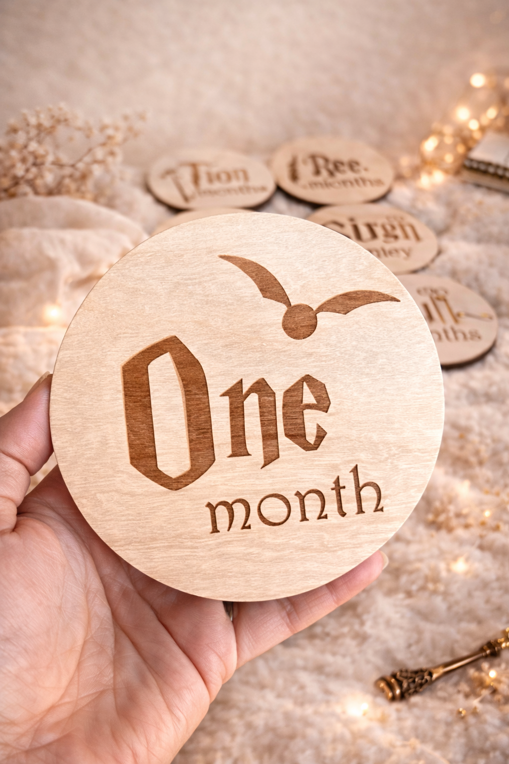 Engraved wooden One Month wizard baby milestone marker