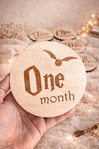 Engraved wooden One Month wizard baby milestone marker