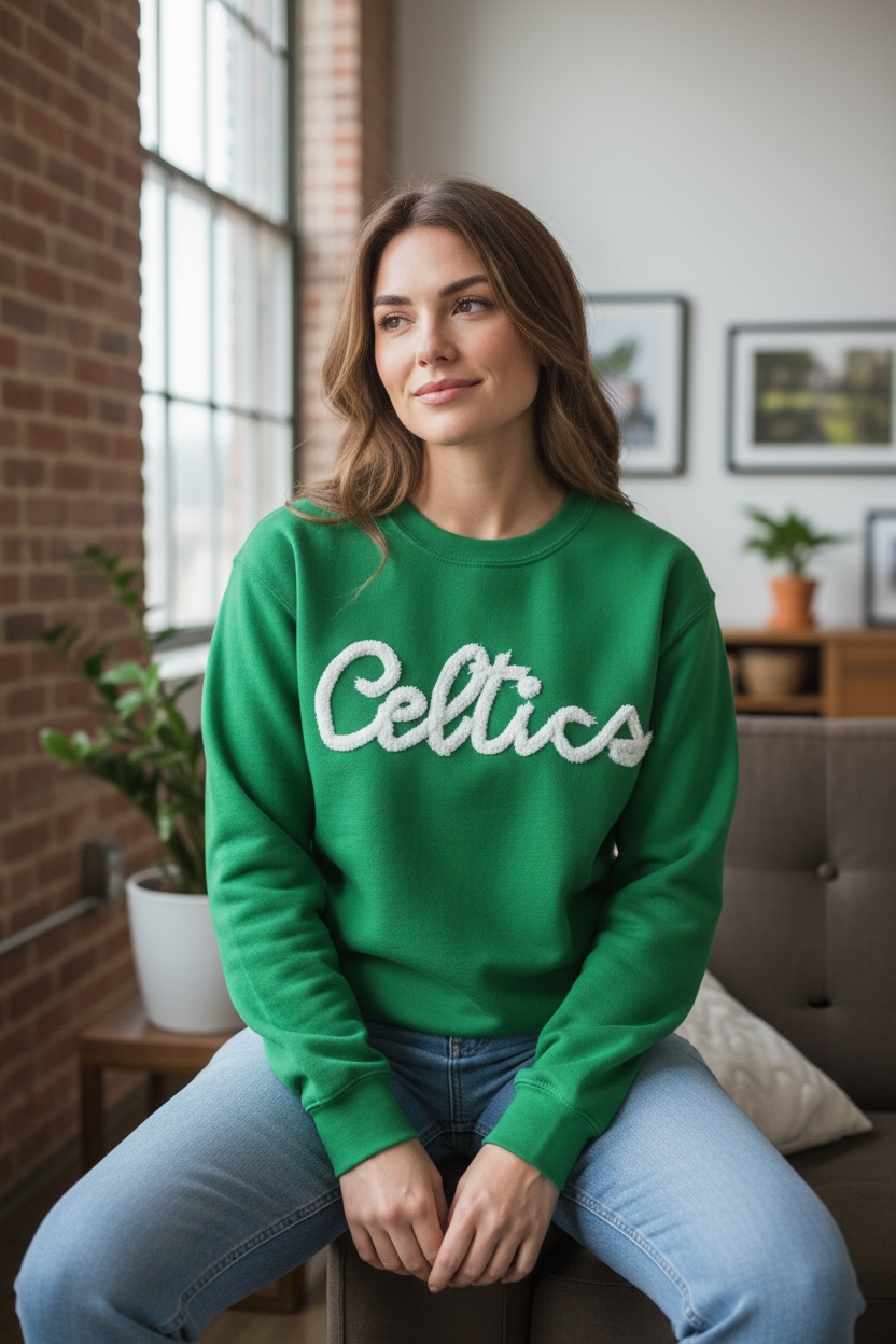 Celtics chenille yarn embroidered sweatshirt or hoodie
