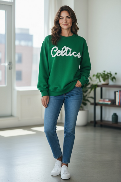 Celtics chenille yarn embroidered sweatshirt or hoodie