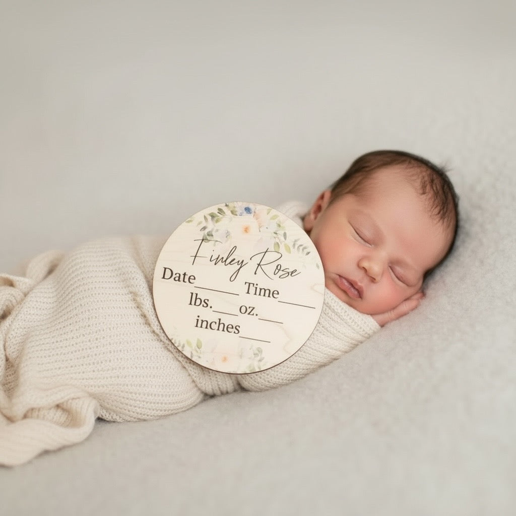 Personalized Baby Birth Stats Sign | Engraved Wood Announcement Round | Newborn Name & Stats Photo Prop | Custom Baby Keepsake