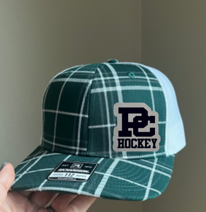 PC Hockey Plaid Trucker Hat with leather patch