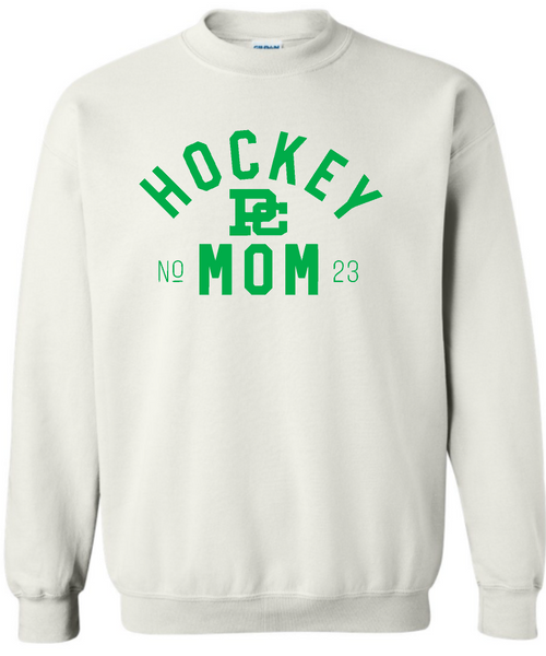 PC Hockey Mom & Number Gildan Crew Sweatshirt Available in 4 colors