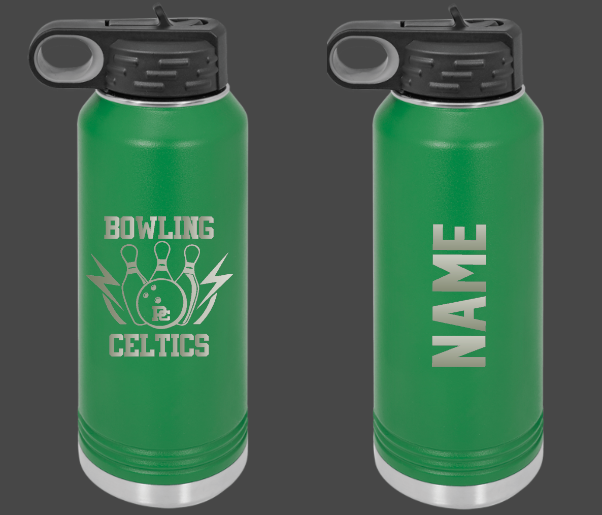 PC Logo Bowling Pins Personalized 32oz water bottle choose from 2 colors