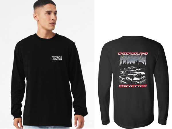 Chicagoland Corvettes Club unisex Bella Long Sleeve T shirt Front and Back design
