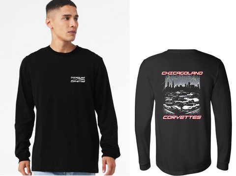 Chicagoland Corvettes unisex Bella Long Sleeve T shirt Front and Back design