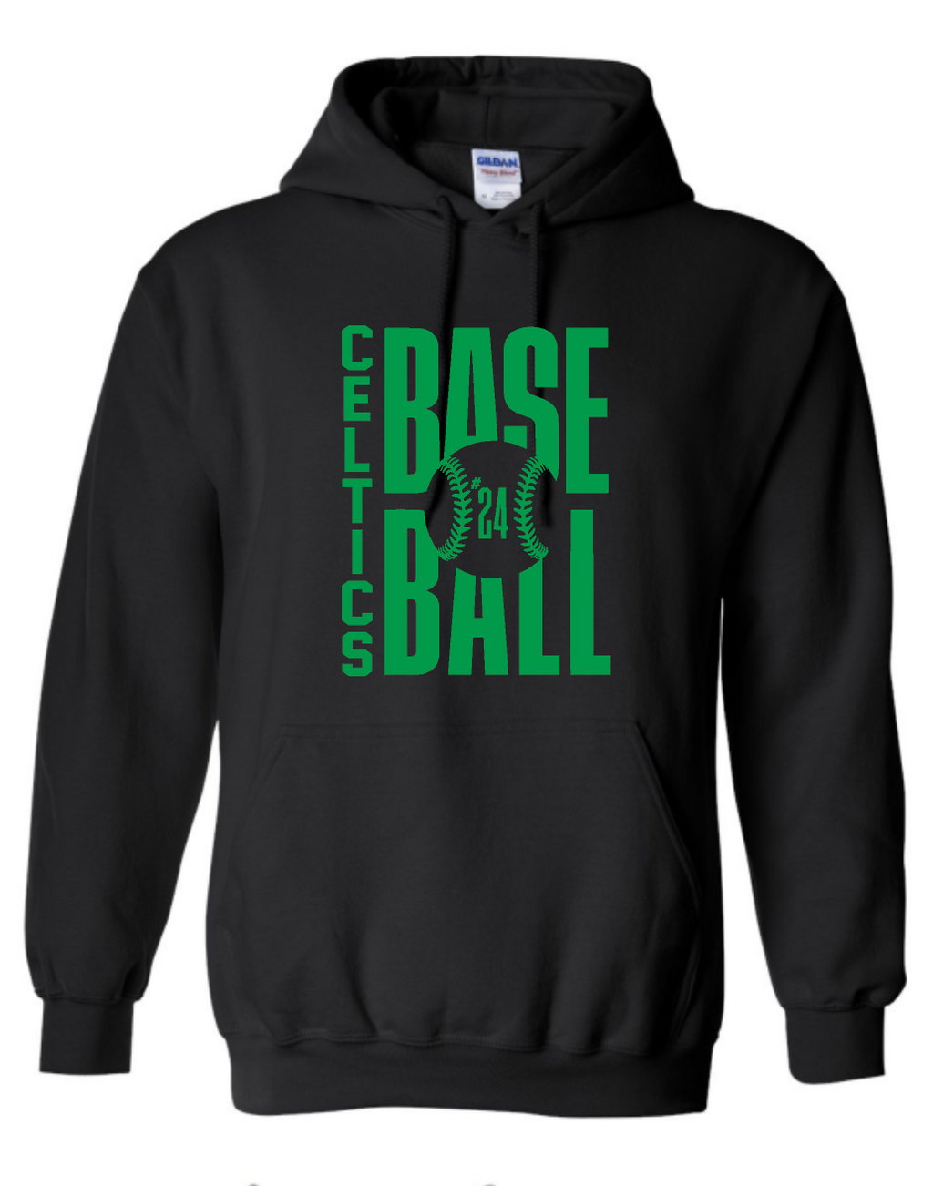 PCHS Celtics Baseball Number Gildan Hooded Sweatshirt Available in 4 different colors