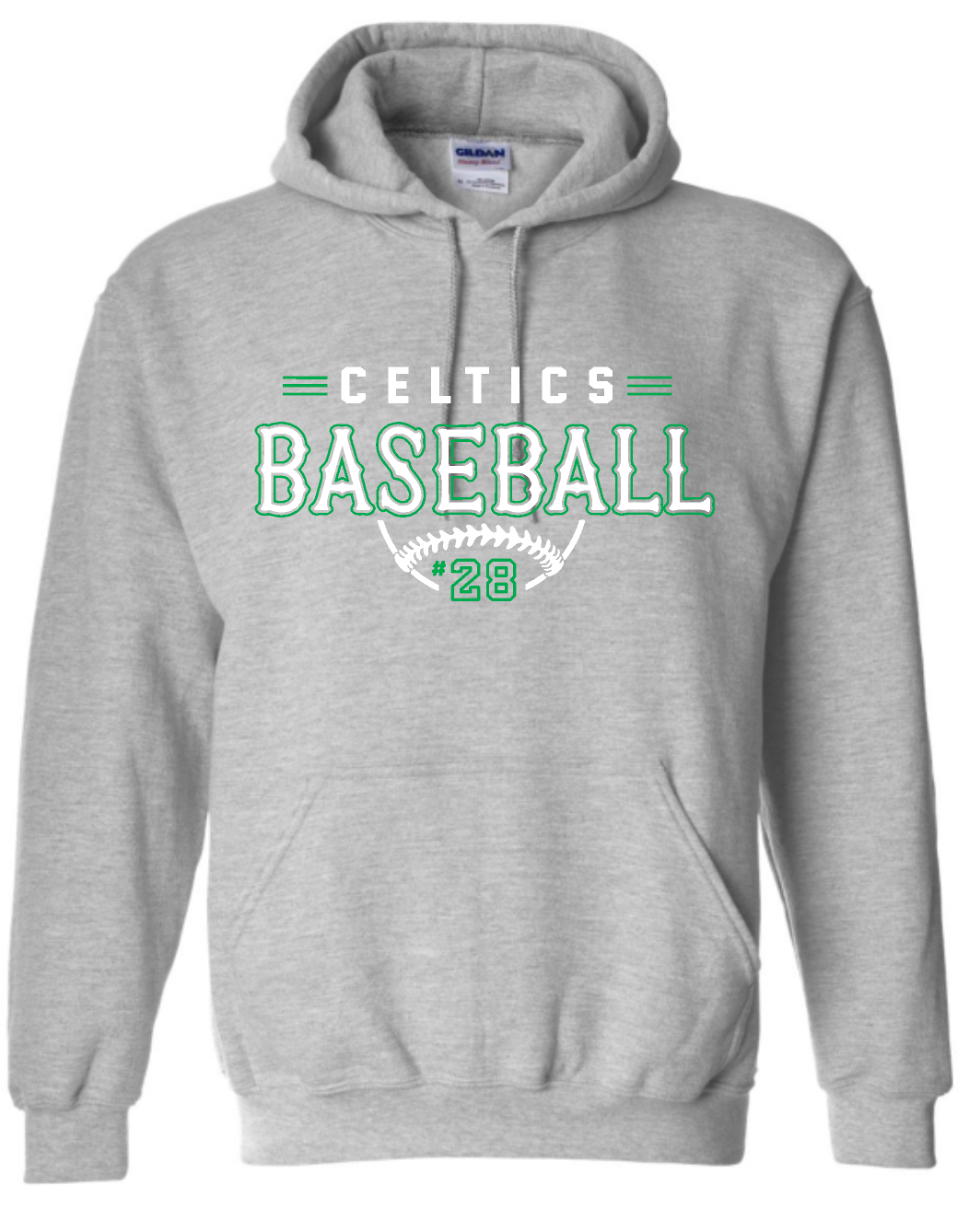 PCHS Celtics Baseball Retro Number Gildan Hooded Sweatshirt Available in 3 different colors