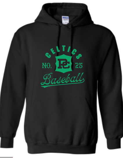 PCHS Celtics Logo Baseball Number Gildan Hooded Sweatshirt Available in 4 different colors