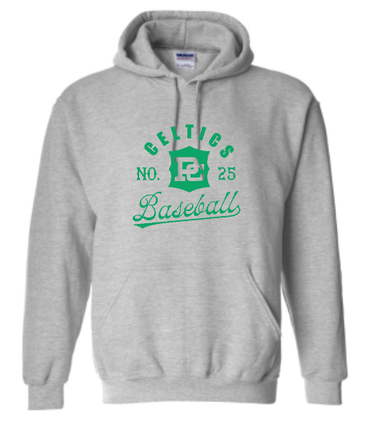 PCHS Celtics Logo Baseball Number Gildan Hooded Sweatshirt Available in 4 different colors