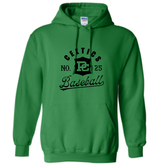 PCHS Celtics Logo Baseball Number Gildan Hooded Sweatshirt Available in 4 different colors
