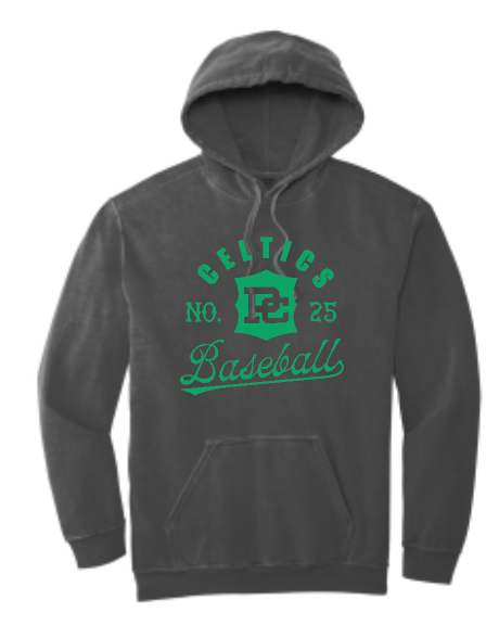PCHS Celtics Logo Baseball Number Comfort Colors Hooded Sweatshirt Available in 3 different colors
