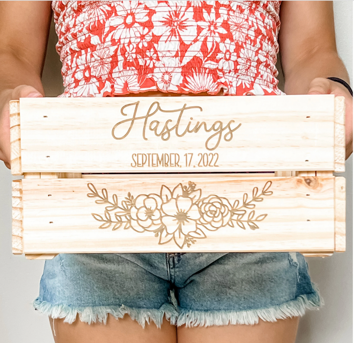 Floral Last Name Personalized Engraved Wood Gift Card Box Crate Wedding Box