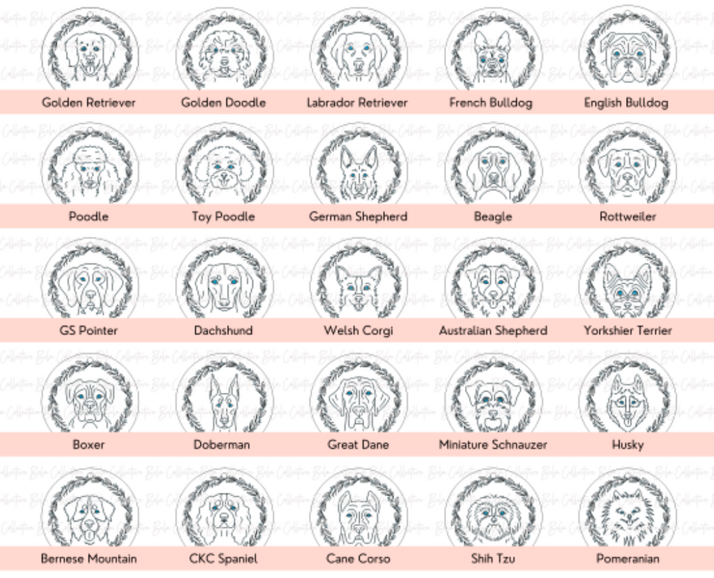Hand drawn dog ornaments choose your breed and personalize the bottom
