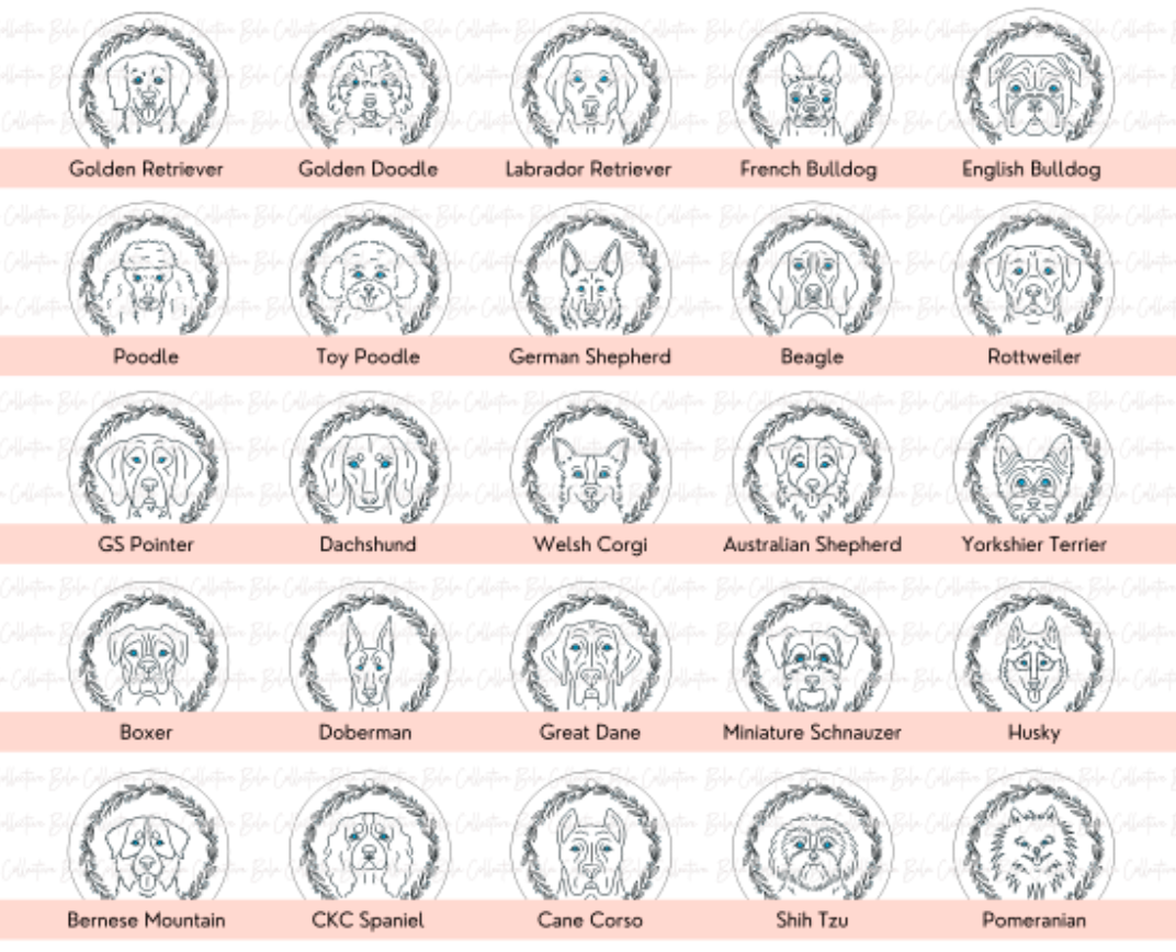 Hand drawn dog ornaments choose your breed and personalize the bottom