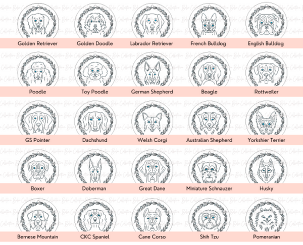 Hand drawn dog ornaments choose your breed and personalize the bottom