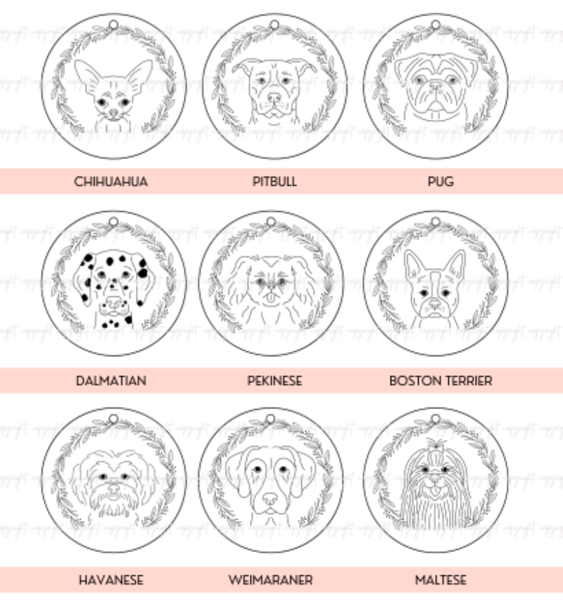 Hand drawn dog ornaments choose your breed and personalize the bottom